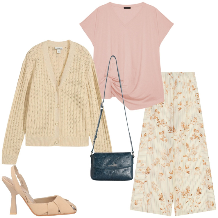 Outfit donna - I colori della primavera. Stile Chic per Tutti i giorni. Abbinamento con décolleté, cardigans, borse a tracolla, pantaloni a palazzo, t-shirt.