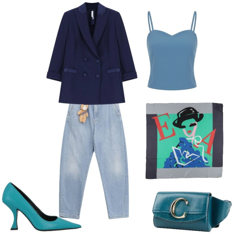 Outfit donna - Pomeriggio con stile. Stile Casual chic per Serata fuori. Abbinamento con décolleté, sciarpe, marsupi, blazer, canottiere, jeans.