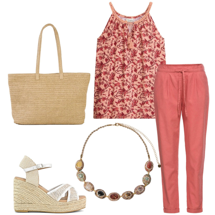 Outfit donna - Total look #2406273. Stile Casual chic per Tutti i giorni. Abbinamento con pantaloni, canottiere, shopping bag, collane, zeppe.