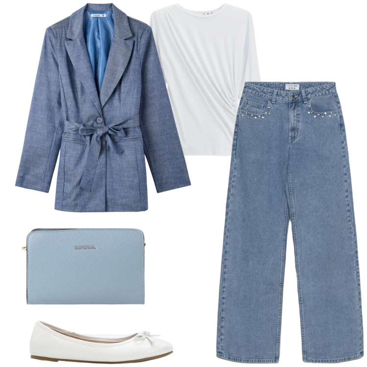 Outfit donna - Total look #2406274. Stile Casual chic per Tutti i giorni. Abbinamento con ballerine, jeans, blazer, borse a tracolla, top.