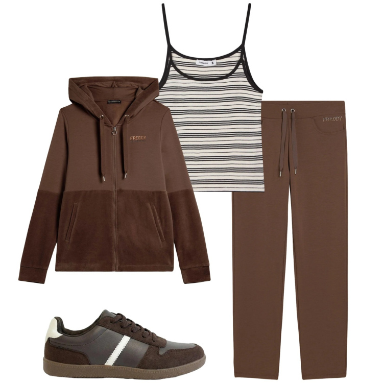 Outfit donna - Total look #2406276. Stile Sporty chic per Tutti i giorni. Abbinamento con sneakers, canottiere, pantaloni, felpe con cappuccio.