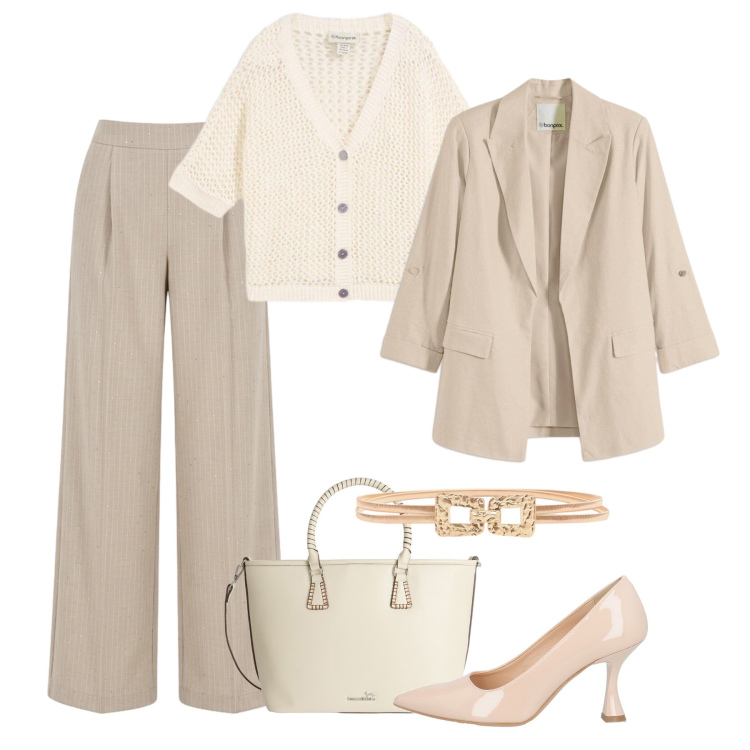 Outfit donna - Luce nei toni neutri. Stile Glamour per Tutti i giorni. Abbinamento con décolleté, blazer, cardigans, cinture, pantaloni a palazzo, shopping bag.