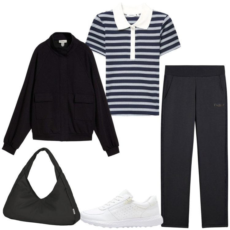 Outfit donna - Total look #2406278. Stile Sporty chic per Tutti i giorni. Abbinamento con sneakers, felpe, polo, borse a spalla, pantaloni.