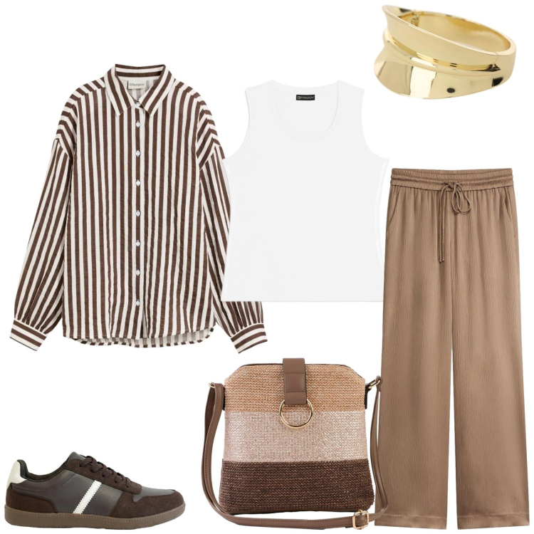 Outfit donna - Total look #2406279. Stile Sporty chic per Tutti i giorni. Abbinamento con pantaloni a palazzo, borse a tracolla, sneakers, camicie, braccialetti, canottiere.