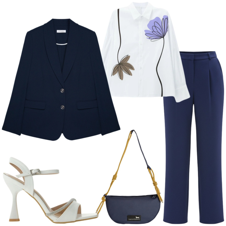 Outfit donna - Total look #2406282. Stile Chic per Cerimonia. Abbinamento con borse a tracolla, camicie, sandali gioiello, pantaloni, blazer.