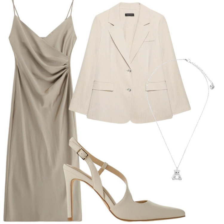 Outfit donna - Toni neutri. Stile Glamour per Serata fuori. Abbinamento con décolleté, vestiti midi/longuette, blazer, ciondoli.
