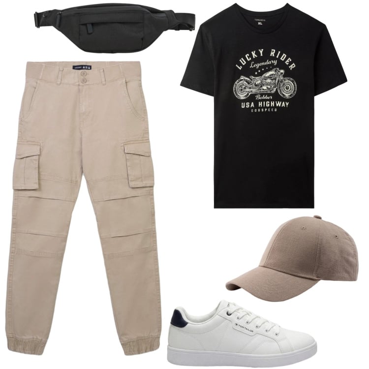 Outfit uomo - Sneakers minimal. Stile Casual per Tutti i giorni. Abbinamento con sneakers, pantaloni cargo, t-shirt, borse sportive, cappelli con visiera.