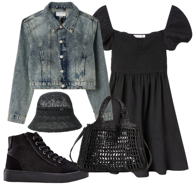 Outfit donna - Urban Romantic Black. Stile Casual chic per Serata fuori. Abbinamento con borse a tracolla, sneakers alte, cappotti, vestiti corti, cappelli, collane.