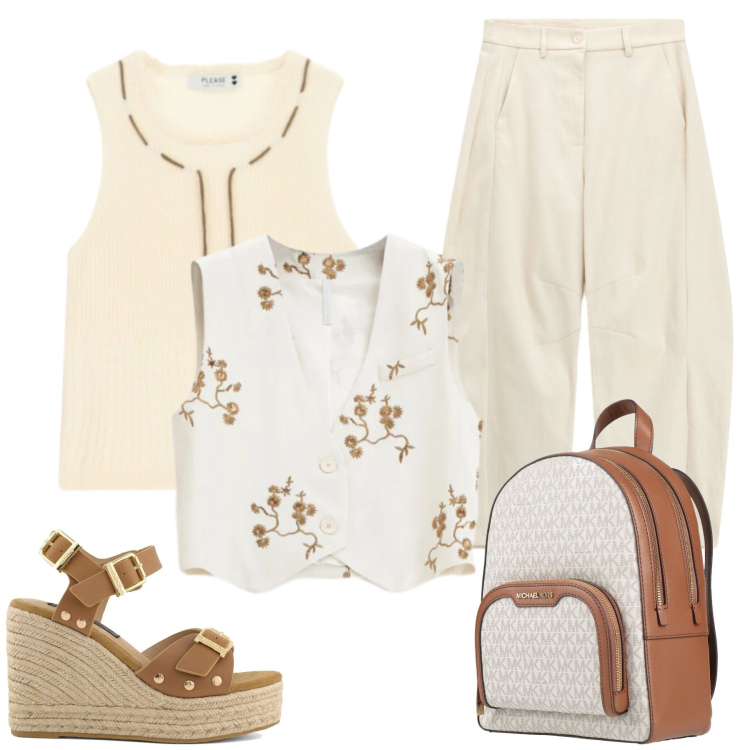 Outfit donna - Total look #2406337. Stile Casual chic per Tutti i giorni. Abbinamento con zaini, gilet, pantaloni, top, zeppe.