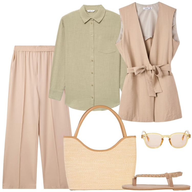 Outfit donna - Neutro luminoso. Stile Casual chic per Scuola/Università. Abbinamento con shopping bag, pantaloni, gilet, camicie, ciabatte, occhiali da sole.