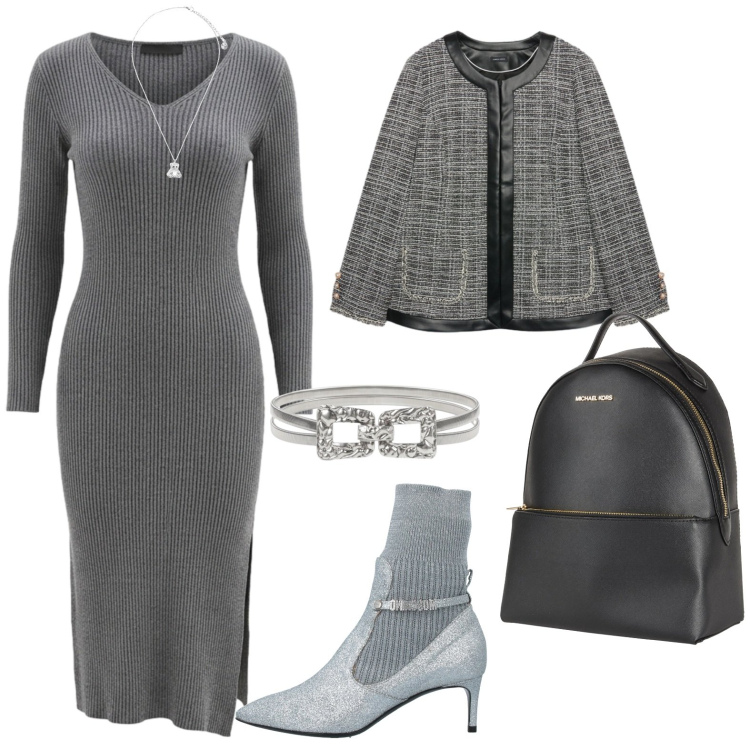 Outfit donna - #KnitDress #TweedJacket #MichaelKors. Stile Chic per Serata fuori. Abbinamento con stivaletti, zaini, vestiti midi/longuette, cinture, ciondoli, blazer.