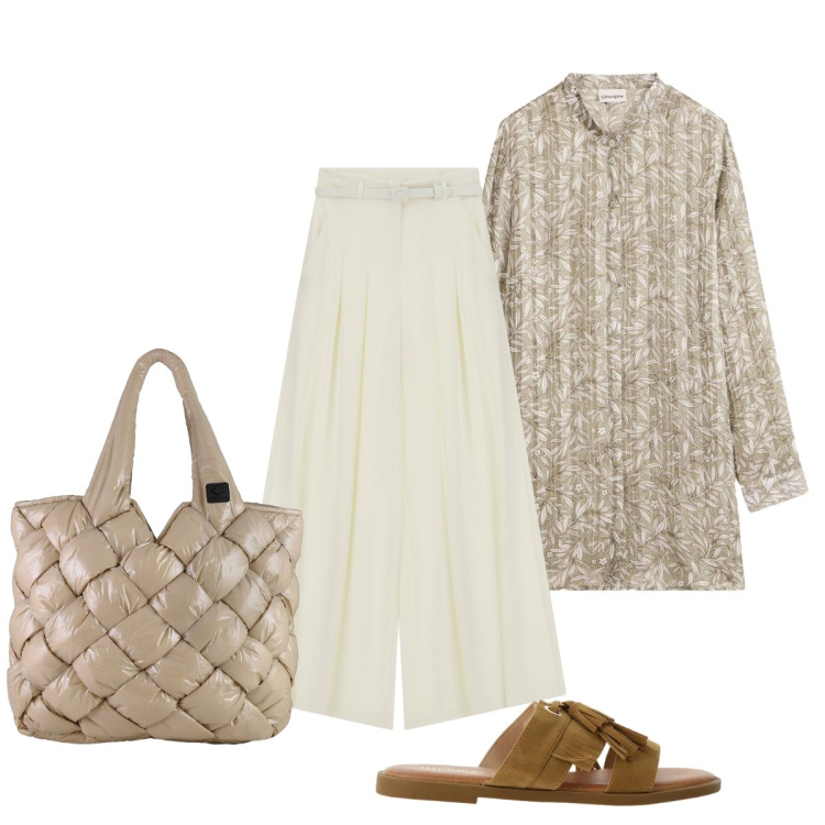 Outfit donna - Tinte naturali. Stile Minimal per Tutti i giorni. Abbinamento con camicie, pantaloni a palazzo, sandali, borse tote.