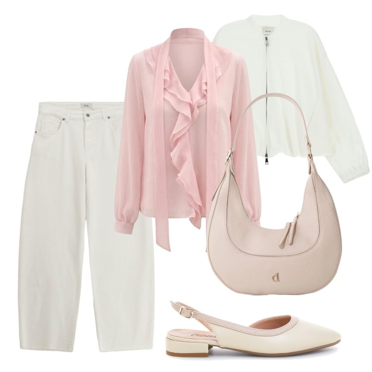 Outfit donna - Total look #2406352. Stile Trendy per Ufficio. Abbinamento con bluse, jeans, borse a tracolla, bomber, sandali.