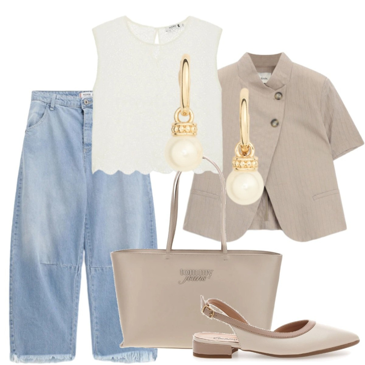 Outfit donna - Total look #2406354. Stile Casual per Tutti i giorni. Abbinamento con jeans, bluse, blazer, orecchini, ballerine, borse a spalla.