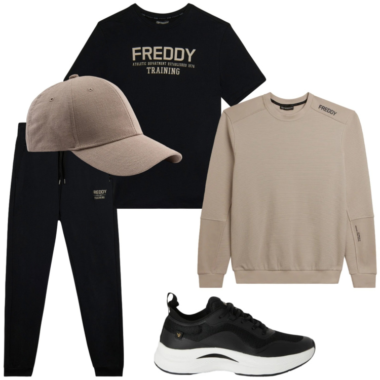 Outfit uomo - Passeggiata con Teo. Stile Casual per Tutti i giorni. Abbinamento con felpe, sneakers, t-shirt, pantaloni, cappelli con visiera.