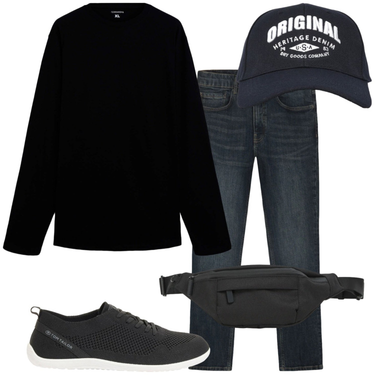 Outfit uomo - Total look #2406357. Stile Urban per Tutti i giorni. Abbinamento con sneakers, t-shirt, cappelli con visiera, borse sportive, jeans.