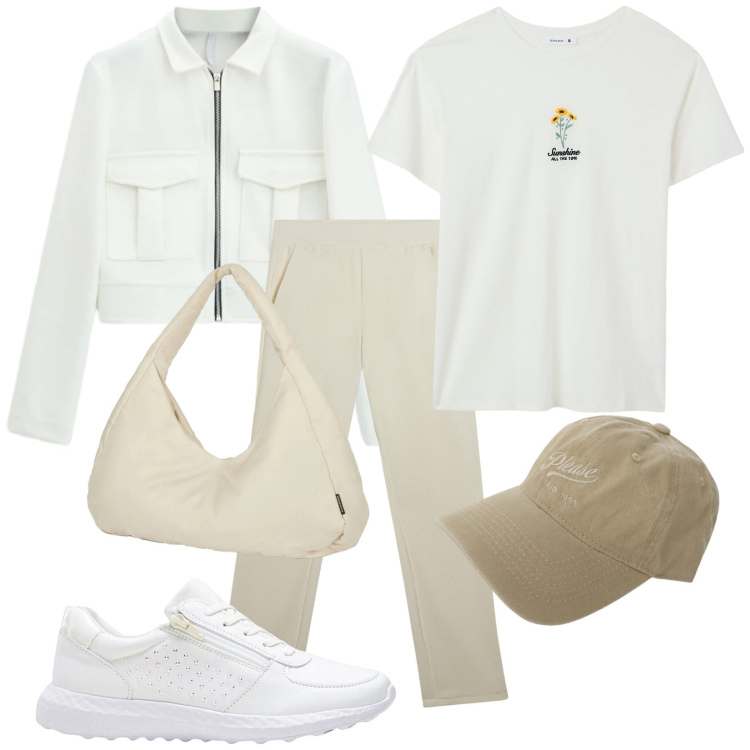 Outfit donna - A fare la spesa. Stile Casual per Tutti i giorni. Abbinamento con sneakers, t-shirt, cappotti, cappelli, pantaloni, borse a spalla.