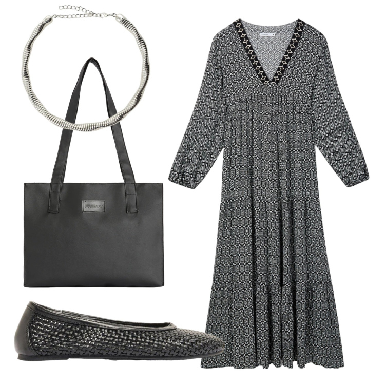 Outfit donna - Total look #2406375. Stile Etnico per Ufficio. Abbinamento con ballerine, vestiti lunghi, collane, shopping bag.