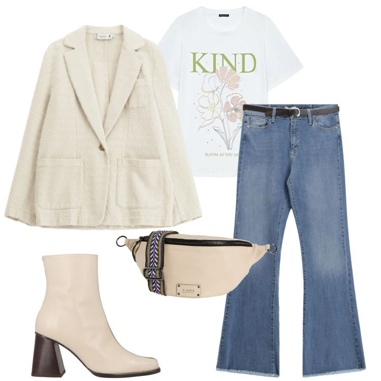 Outfit donna - Total look #2406389. Stile Casual chic per Tutti i giorni. Abbinamento con marsupi, stivaletti, jeans, blazer, t-shirt.