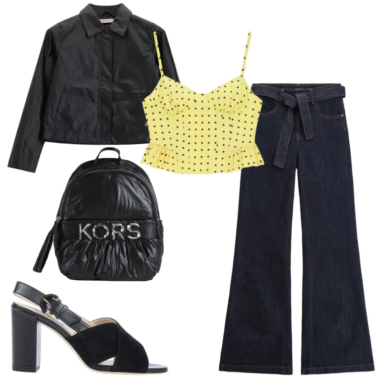 Outfit donna - Total look #2406393. Stile Casual chic per Tutti i giorni. Abbinamento con zaini, sandali in pelle, canottiere, jeans a zampa, blazer.