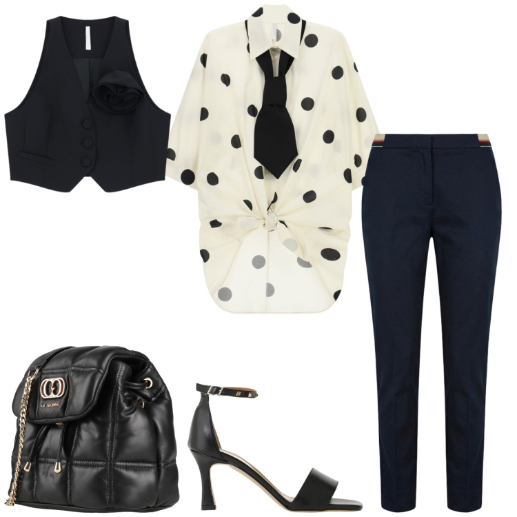 Outfit donna - Total look #2406395. Stile Chic per Serata fuori. Abbinamento con valigie, camicie a manica corta, sandali col tacco, gilet, pantaloni chino.