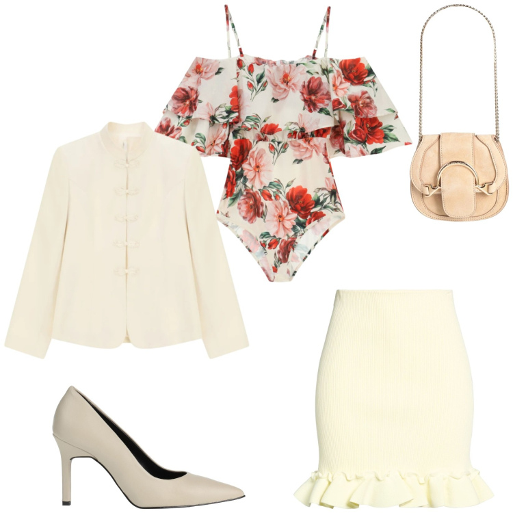 Outfit donna - Total look #2406397. Stile Romantica per Cerimonia. Abbinamento con décolleté, marsupi, minigonne, blazer, body.