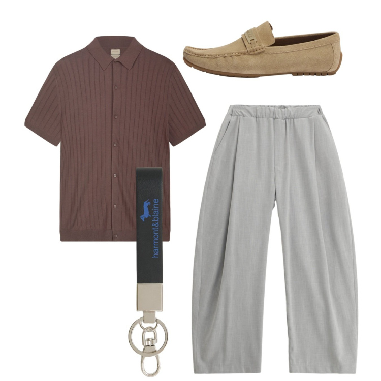 Outfit uomo - Total look. Stile Casual per Tutti i giorni. Abbinamento con pantaloni, polo, portachiavi, scarpe stringate.