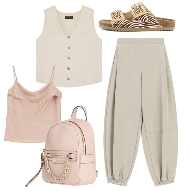 Outfit donna - Toni neutri luminosi. Stile Casual per Tutti i giorni. Abbinamento con zaini, pantaloni, canottiere, gilet, sandali in pelle.