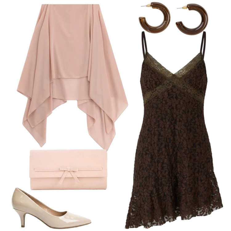Outfit donna - Total look #2406408. Stile Chic per Cerimonia. Abbinamento con décolleté, pochette, orecchini, vestiti corti, cappe.