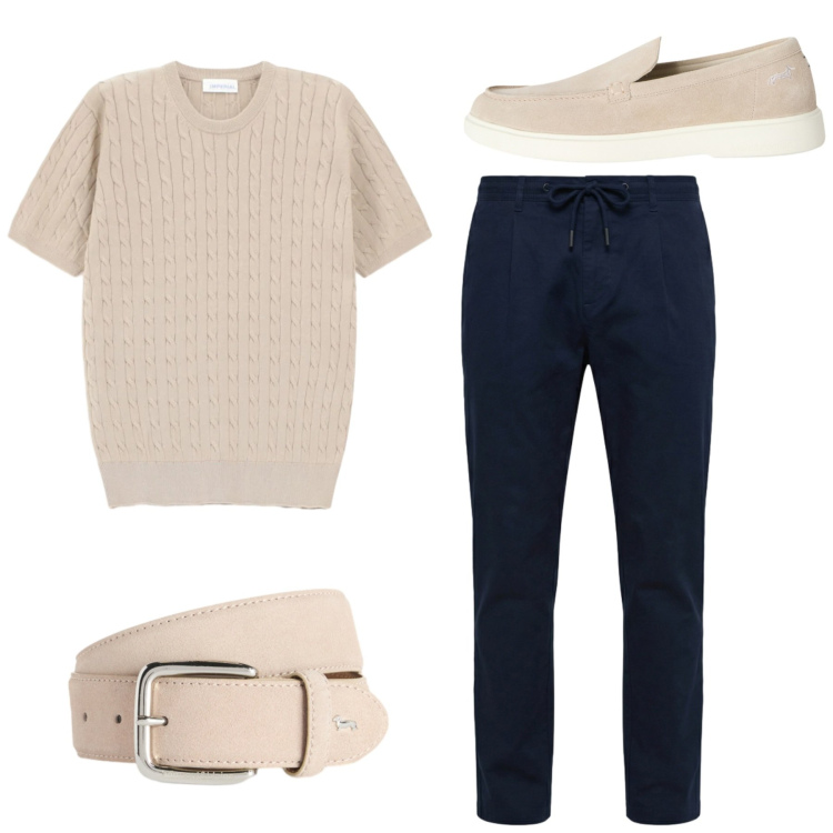 Outfit uomo - Total look. Stile Casual per Tutti i giorni. Abbinamento con t-shirt, cinture, scarpe stringate, pantaloni.
