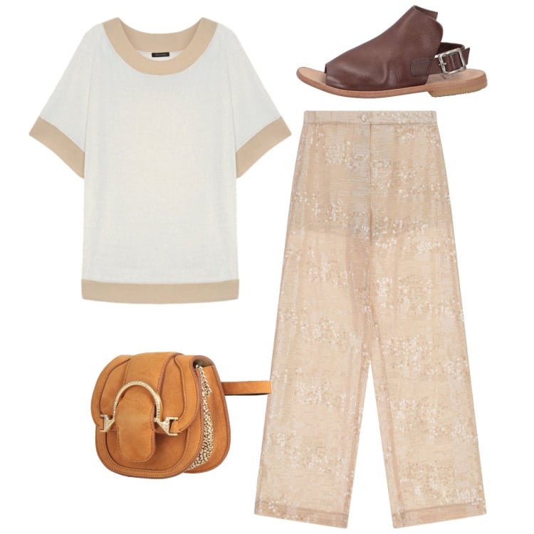 Outfit donna - Toni neutri luminosi. Stile Bon Ton per Tutti i giorni. Abbinamento con marsupi, sandali in pelle, pantaloni a palazzo, t-shirt.