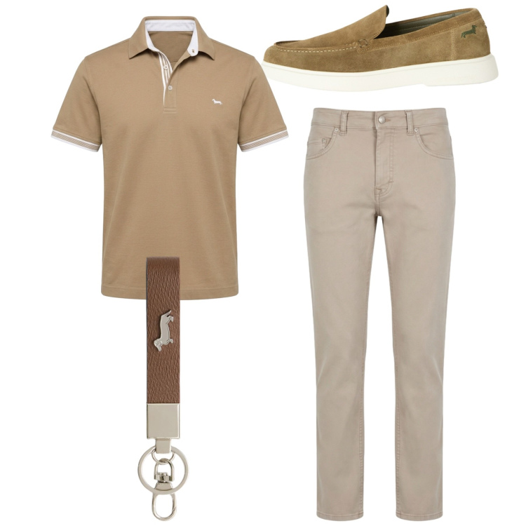 Outfit uomo - Total look. Stile Casual per Tutti i giorni. Abbinamento con portachiavi, pantaloni, scarpe stringate, polo.