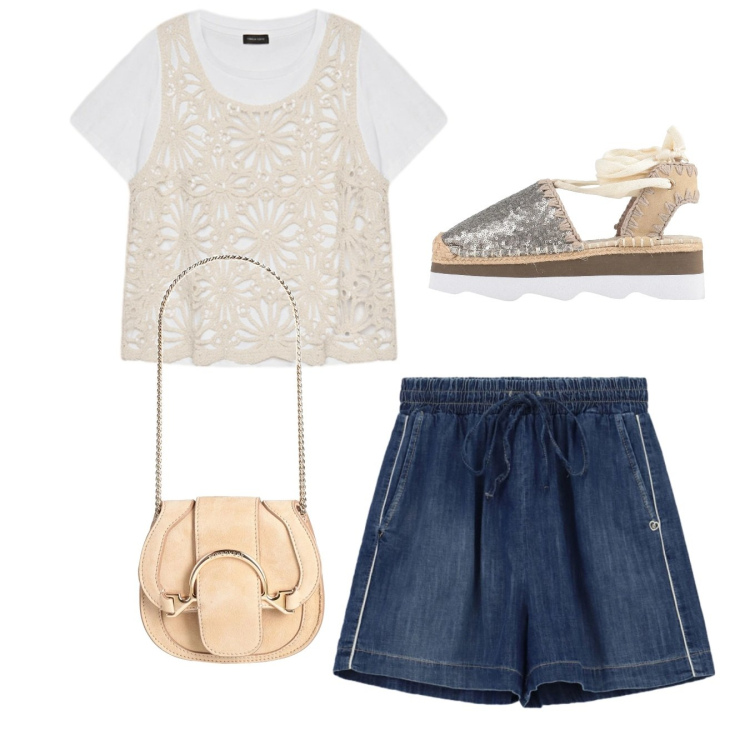 Outfit donna - Macramè e denim. Stile Bon Ton per Scuola/Università. Abbinamento con décolleté, marsupi, shorts, t-shirt.