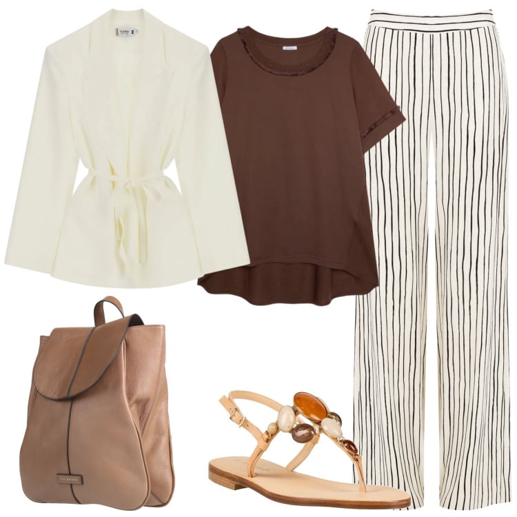 Outfit donna - Total look #2406416. Stile Casual per Tutti i giorni. Abbinamento con zaini, infradito, pantaloni a palazzo, blazer, t-shirt.