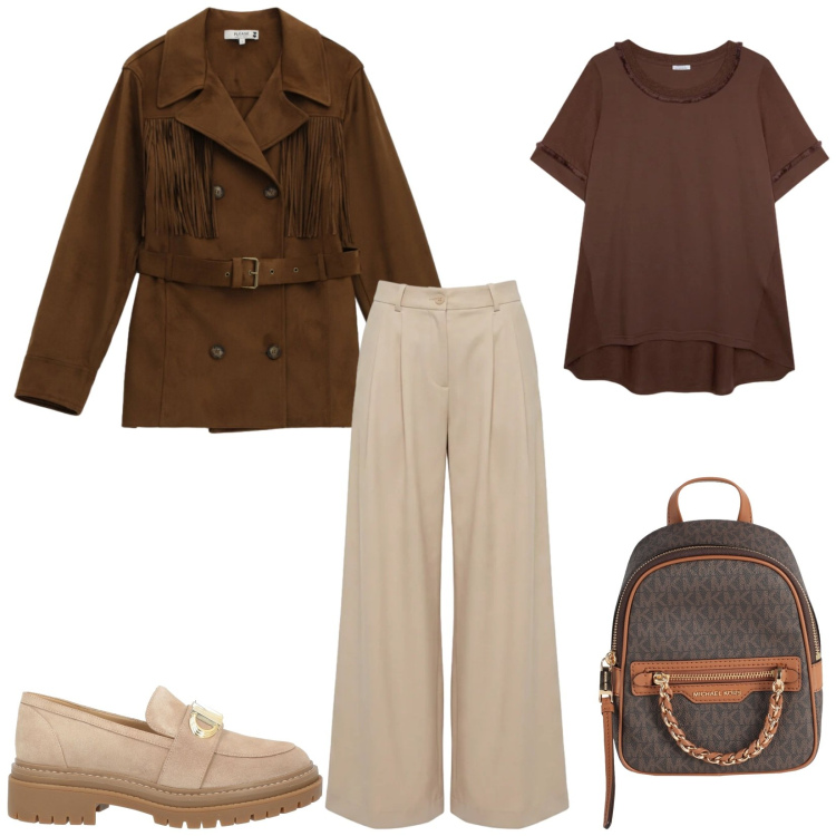 Outfit donna - Total look #2406417. Stile Casual chic per Ufficio. Abbinamento con zaini, mocassini, pantaloni, trench, t-shirt.