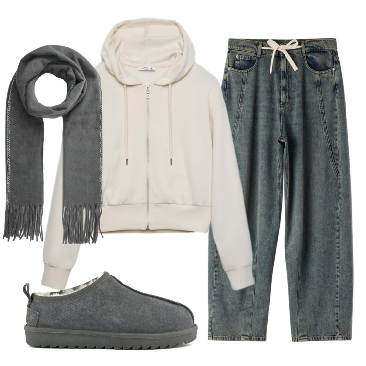 Outfit donna - Total look #2406430. Stile Casual per Tutti i giorni. Abbinamento con sciarpe, felpe con cappuccio, jeans, sabot.