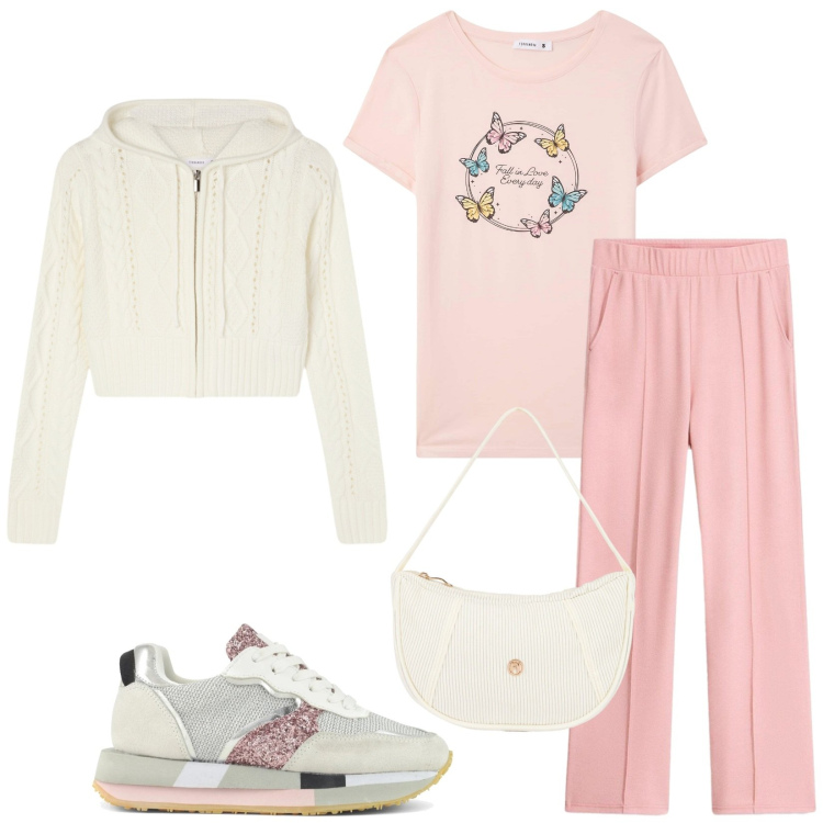 Outfit donna - Total look #2406431. Stile Casual per Tutti i giorni. Abbinamento con pantaloni, cardigans, t-shirt, borse a mano, sneakers.