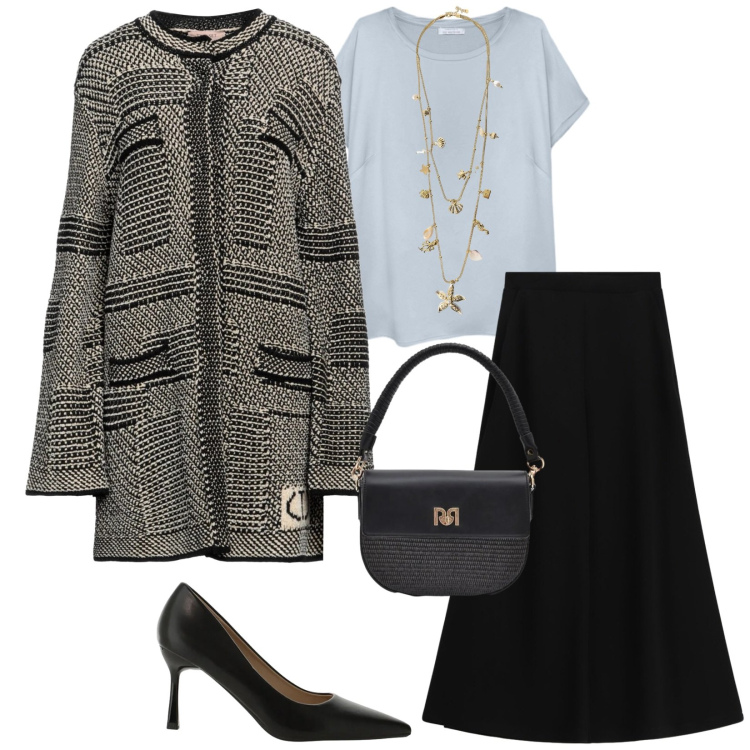 Outfit donna - Total look #2406432. Stile Chic per Ufficio. Abbinamento con cappotti, borse a spalla, collane, pantaloni a palazzo, décolleté, t-shirt.