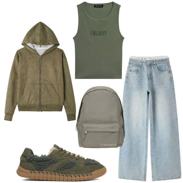Outfit donna - Total look #2406438. Stile Urban per Tutti i giorni. Abbinamento con zaini, felpe con cappuccio, jeans, top, sneakers.