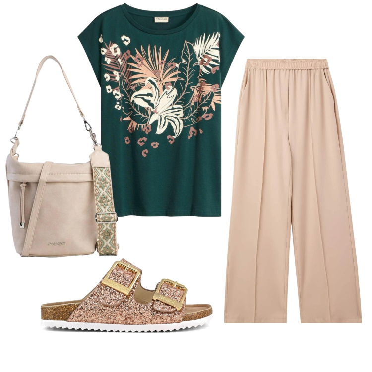 Outfit donna - Total look #2406439. Stile Basic per Ufficio. Abbinamento con t-shirt, borse a tracolla, pantaloni, sandali.