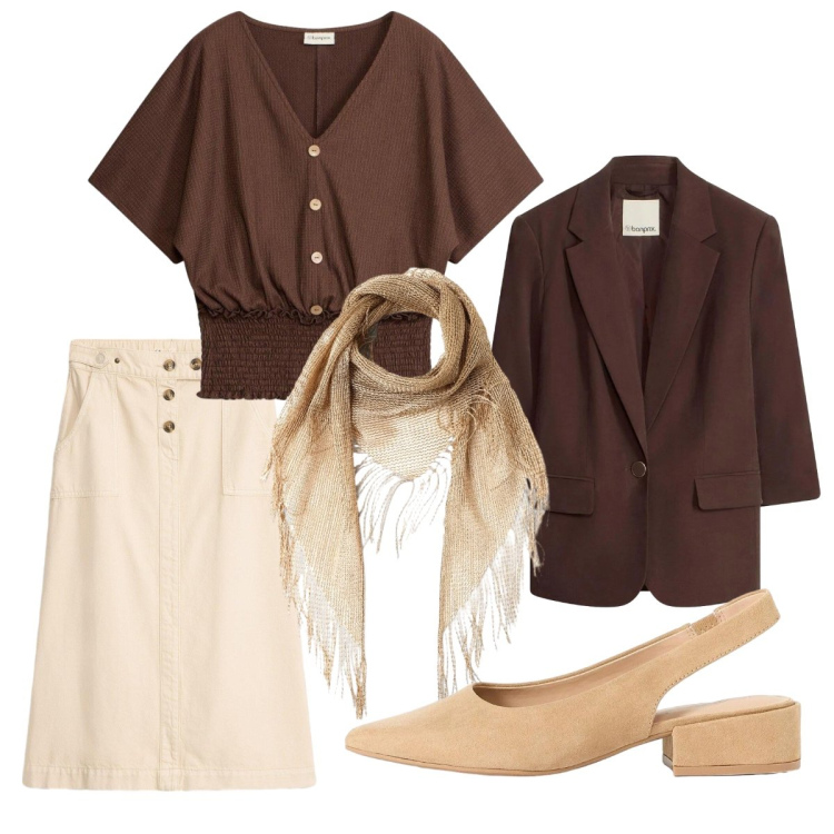 Outfit donna - Beige & Marrone. Stile Bon Ton per Tutti i giorni. Abbinamento con gonne longuette, décolleté, blazer, bluse, canottiere.