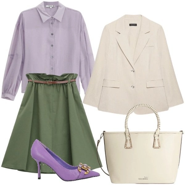 Outfit donna - Total look #2406445. Stile Casual chic per Tutti i giorni. Abbinamento con décolleté, camicie, gonne longuette, shopping bag, blazer.