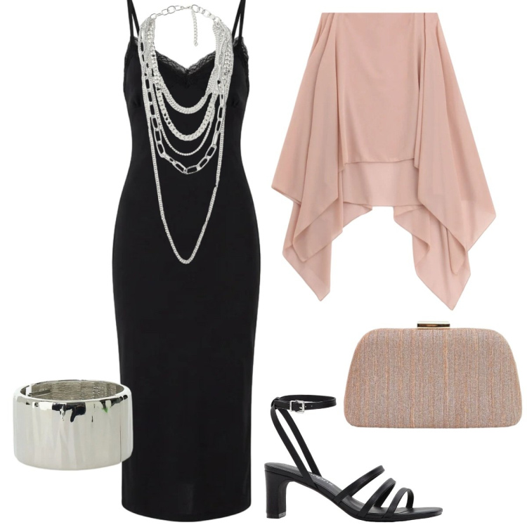 Outfit donna - Total look #2406446. Stile Glamour per Serata fuori. Abbinamento con sandali col tacco, vestiti midi/longuette, pochette, cappe, collane, braccialetti.