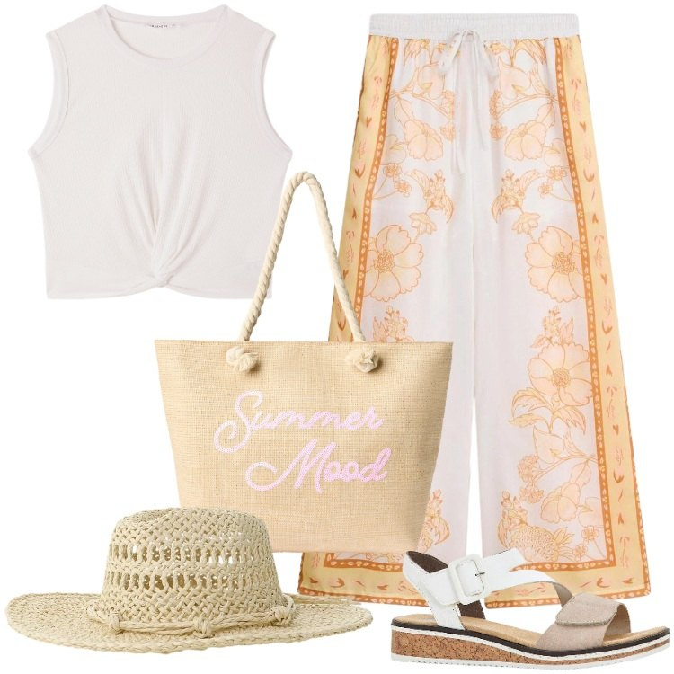 Outfit donna - Total look #2406447. Stile Boho per Mare. Abbinamento con pantaloni a palazzo, sandali, borse tote, canottiere, cappelli.