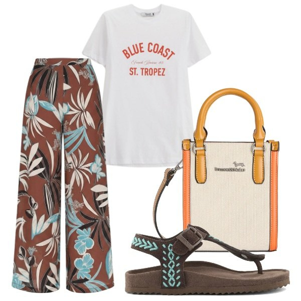 Outfit donna - Total look #2406450. Stile Casual per Tutti i giorni. Abbinamento con pantaloni a palazzo, borse tote, t-shirt, infradito.