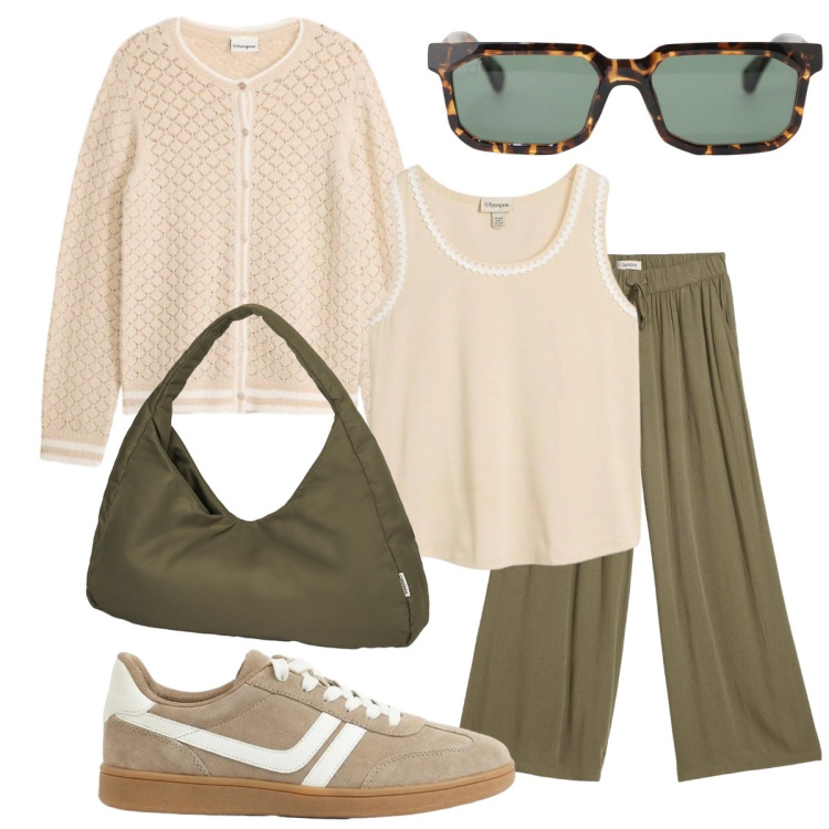 Outfit donna - All’aria aperta con stile. Stile Casual chic per Tutti i giorni. Abbinamento con cardigans, pantaloni, canottiere, sneakers, occhiali da sole, borse a spalla.