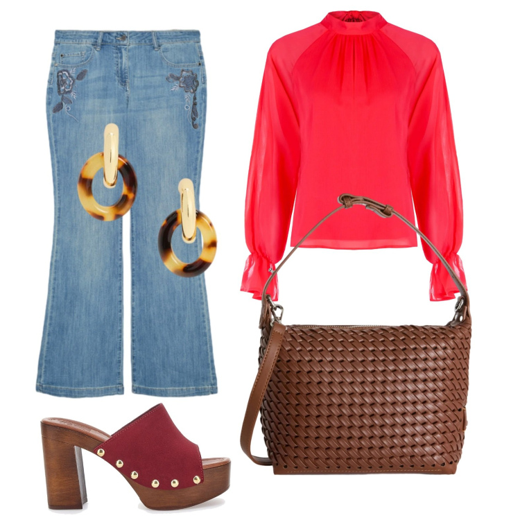 Outfit donna - Blusa rouge. Stile Casual chic per Tutti i giorni. Abbinamento con bluse, borse a spalla, jeans, orecchini, zoccoli.