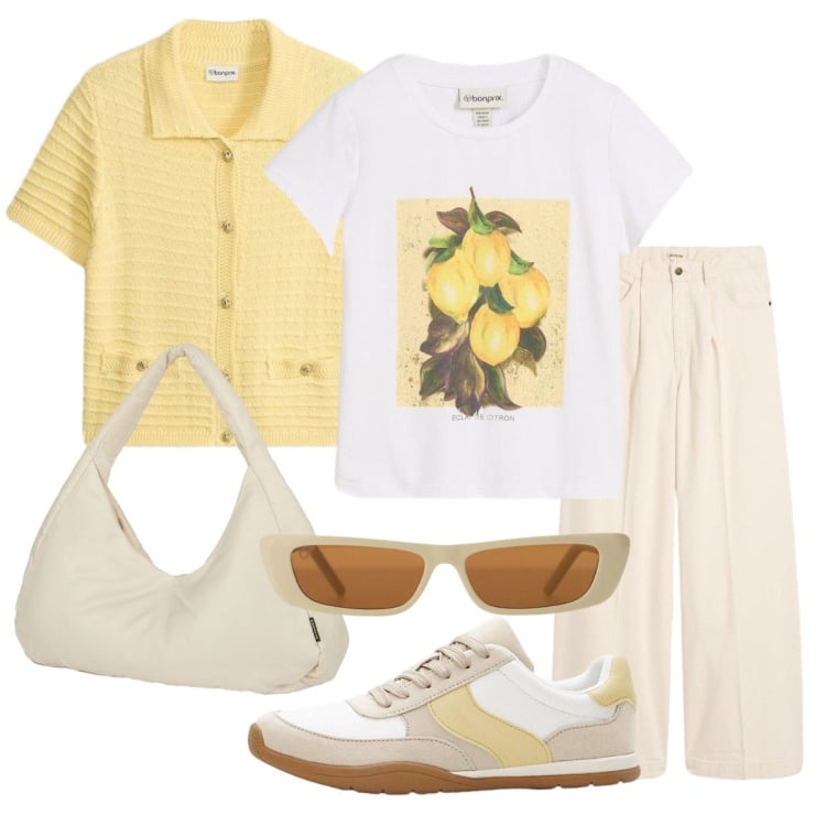 Outfit donna - Giallo limone. Stile Casual chic per Tutti i giorni. Abbinamento con cardigans, jeans, t-shirt, sneakers, occhiali da sole, borse a spalla.