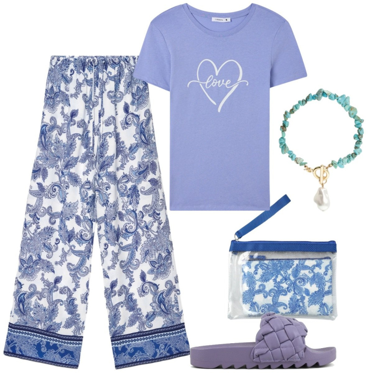Outfit donna - Malva e glicine. Stile Romantica per Tutti i giorni. Abbinamento con pantaloni, t-shirt, pochette, braccialetti, ciabatte.