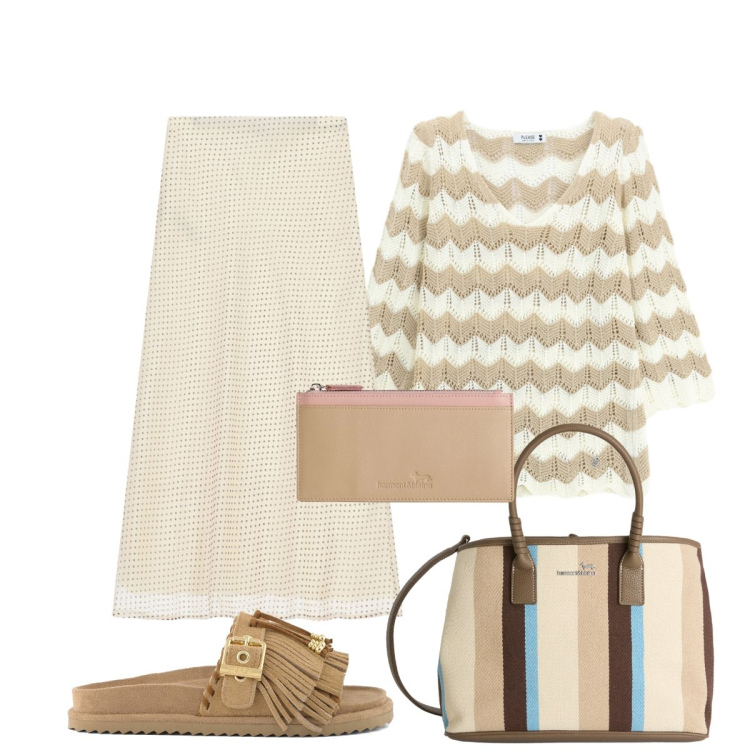Outfit donna - Semplice ma stilosa. Stile Minimal per Tutti i giorni. Abbinamento con gonne lunghe, shopping bag, portafogli, maglieria, sandali in pelle.